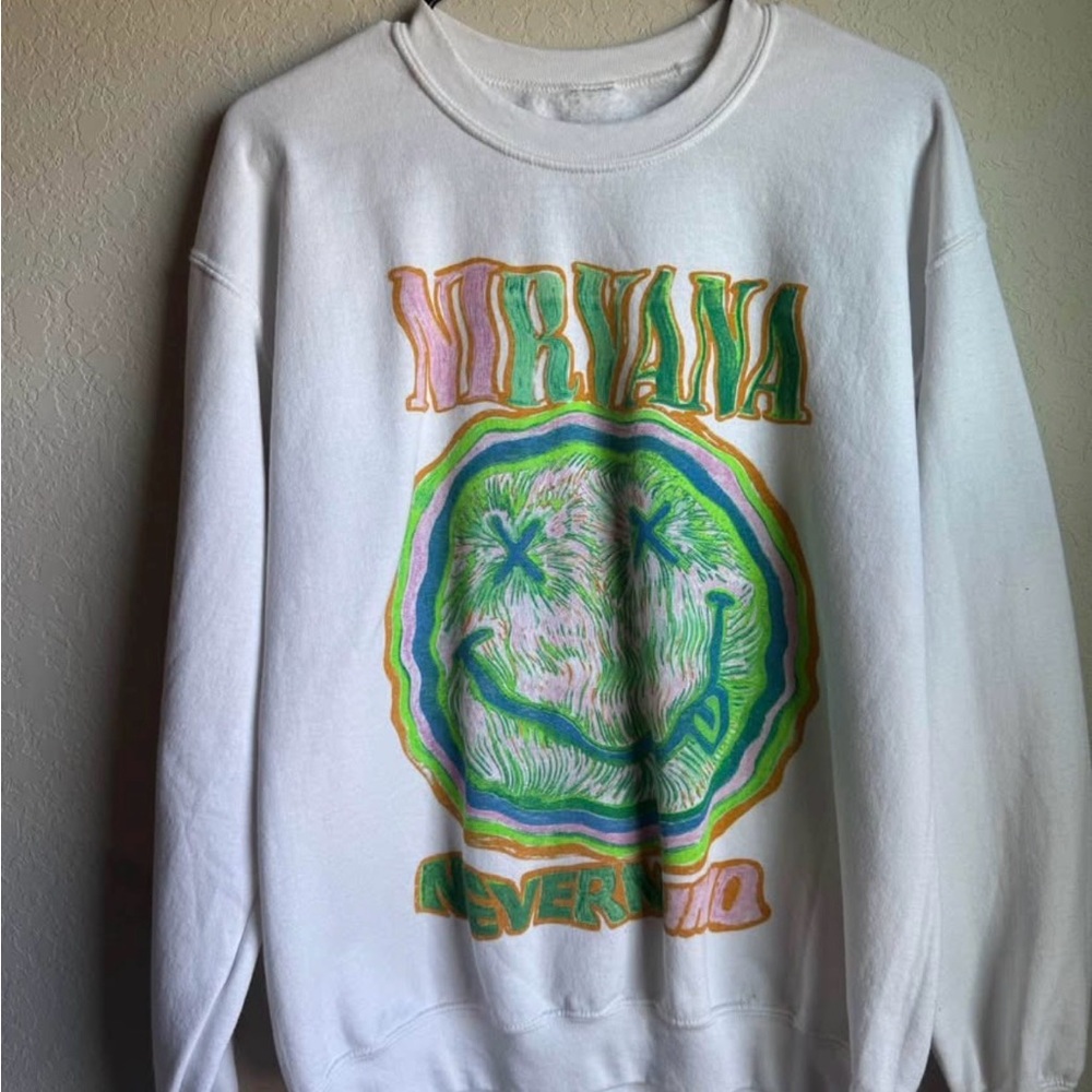 NIRVANA White and Green Graphic Crewneck Sweater